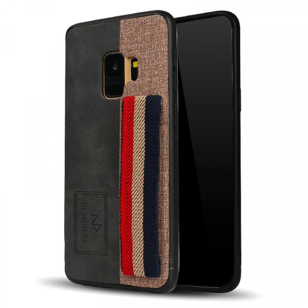 Wholesale Galaxy S9 Striped Hand Strap Grip Holder PU Leather Case (Gray)